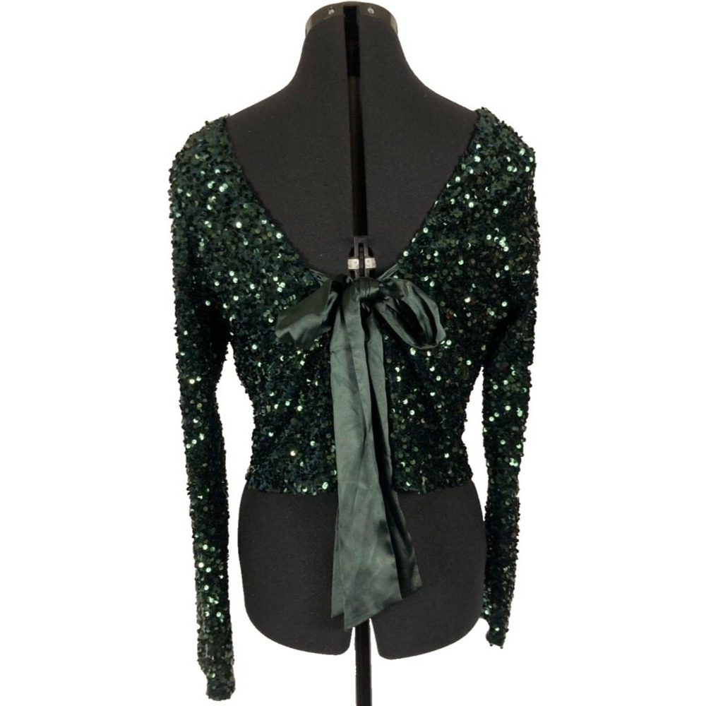 XXL Juniors Alex & Sophie bow sequin forest green long sleeve blouse top formal